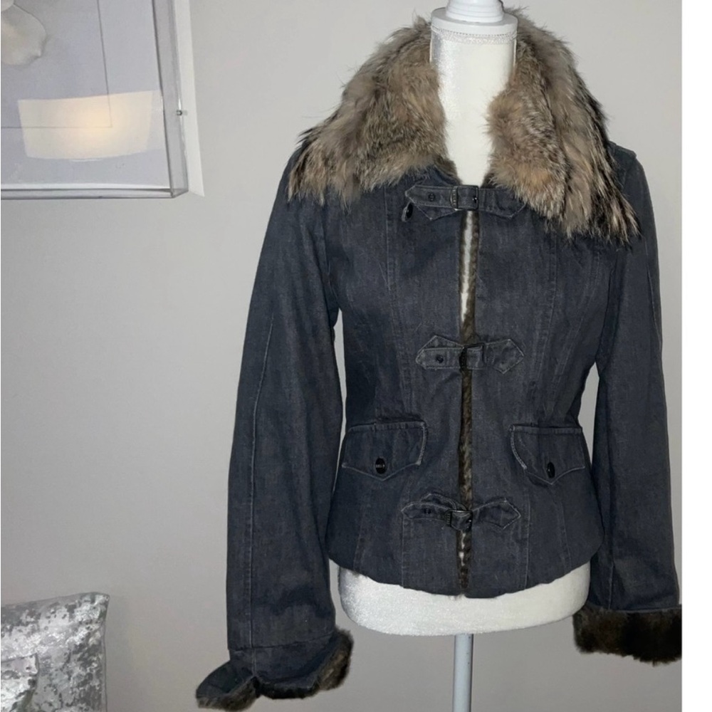 Italian designer denim jacket with removal fur collar.
